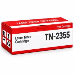 Brother DCP-L2560DW Muadil Toner 2.6K, TN-2355 kırmızı-beyaz toner kutusu ve Brother yazıcılı ofis sahnesi