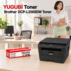 Brother DCP-L2560DW Muadil Toner 2.6K, TN-2355 kırmızı-beyaz toner kutusu ve Brother yazıcılı ofis sahnesi