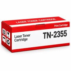 Brother MFC-L2720DW Muadil Toner 2.6K, TN-2355 kırmızı-beyaz toner kutusu ve Brother yazıcılı ofis sahnesi