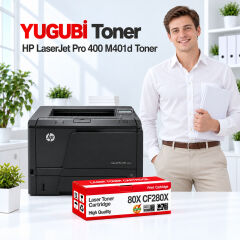 HP LaserJet Pro 400 M401d 80X CF280X muadil toner, kırmızı-beyaz kutu ve ofis kullanım sahnesi