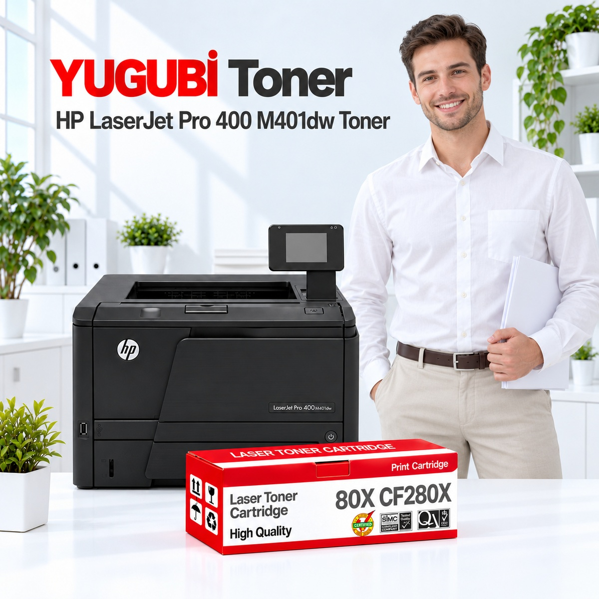 HP LaserJet Pro 400 M401dw 80X CF280X muadil toner, kırmızı-beyaz kutu ve ofis kullanım sahnesi