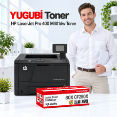 HP LaserJet Pro 400 M401dw 80X CF280X muadil toner, kırmızı-beyaz kutu ve ofis kullanım sahnesi
