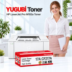HP LaserJet Pro M102a 17A CF217A çipli muadil toner, kırmızı-beyaz kutu ve ofis kullanım sahnesi
