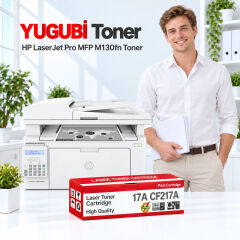 HP LaserJet Pro MFP M130fn 17A CF217A çipli muadil toner, kırmızı-beyaz kutu ve ofis kullanım sahnesi