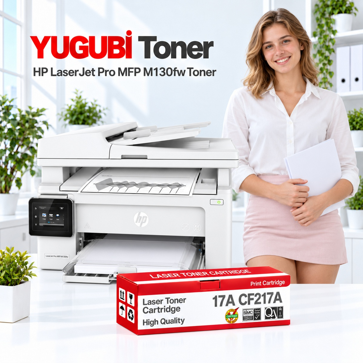 HP LaserJet Pro MFP M130fw 17A CF217A çipli muadil toner, kırmızı-beyaz kutu ve ofis kullanım sahnesi