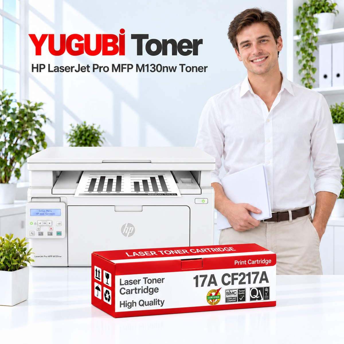 HP LaserJet Pro MFP M130nw 17A CF217A çipli muadil toner, kırmızı-beyaz kutu ve ofis kullanım sahnesi