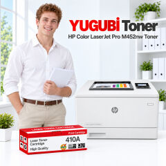HP Color LaserJet Pro M452nw 410A muadil toner, kırmızı-beyaz kutu ve ofis kullanım sahnesi