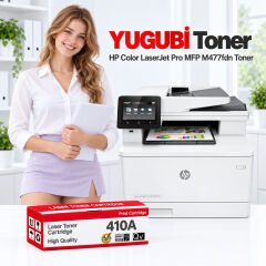 HP Color LaserJet Pro MFP M477fdn 410A muadil toner, kırmızı-beyaz kutu ve ofis kullanım sahnesi