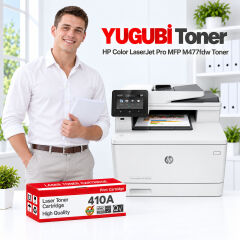 HP Color LaserJet Pro MFP M477fdw 410A muadil toner, kırmızı-beyaz kutu ve ofis kullanım sahnesi