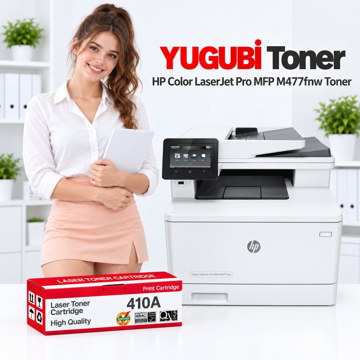 HP Color LaserJet Pro MFP M477fnw 410A muadil toner, kırmızı-beyaz kutu ve ofis kullanım sahnesi