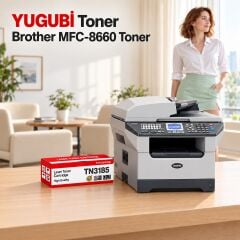 Brother MFC-8660 Muadil Toner 7K, TN-3185 kırmızı-beyaz toner kutusu ve Brother yazıcılı aydınlık ofis sahnesi