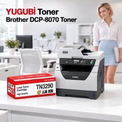 Brother DCP-8070 Muadil Toner 7K, TN-3290 kırmızı-beyaz toner kutusu ve Brother yazıcılı beyaz modern çalışma masalı ofis sahnesi