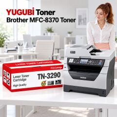 Brother MFC-8370 Muadil Toner 7K, TN-3290 kırmızı-beyaz toner kutusu ve Brother yazıcılı beyaz modern çalışma masalı ofis sahnesi