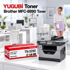 Brother MFC-8890 Muadil Toner 7K, TN-3290 kırmızı-beyaz toner kutusu ve Brother yazıcılı beyaz modern çalışma masalı ofis sahnesi