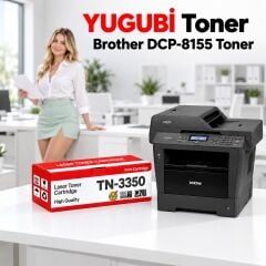 Brother DCP-8155 Muadil Toner 8K, TN-3350 kırmızı-beyaz toner kutusu ve Brother yazıcılı beyaz modern çalışma masalı ofis sahnesi