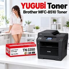 Brother MFC-8510 Muadil Toner 8K, TN-3350 kırmızı-beyaz toner kutusu ve Brother yazıcılı beyaz modern çalışma masalı ofis sahnesi