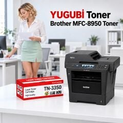 Brother MFC-8950 Muadil Toner 8K, TN-3350 kırmızı-beyaz toner kutusu ve Brother yazıcılı beyaz modern çalışma masalı ofis sahnesi