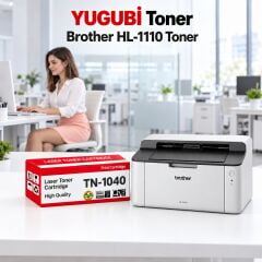 Brother HL-1110 Muadil Toner 1.5K, TN-1040 kırmızı-beyaz toner kutusu ve Brother yazıcılı beyaz modern çalışma masalı ofis sahnesi
