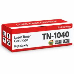 Brother MFC-1911 Muadil Toner 1.5K, TN-1040 kırmızı-beyaz toner kutusu ve Brother yazıcılı beyaz modern çalışma masalı ofis sahnesi