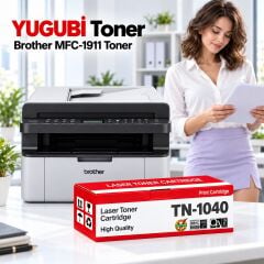 Brother MFC-1911 Muadil Toner 1.5K, TN-1040 kırmızı-beyaz toner kutusu ve Brother yazıcılı beyaz modern çalışma masalı ofis sahnesi
