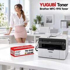 Brother MFC-1915 Muadil Toner, TN-1040 kırmızı-beyaz toner kutusu ve Brother yazıcılı beyaz modern çalışma masalı ofis sahnesi