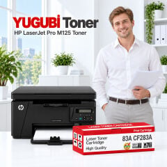HP LaserJet Pro M125 83A CF283A muadil toner, kırmızı-beyaz kutu ve ofis kullanım sahnesi