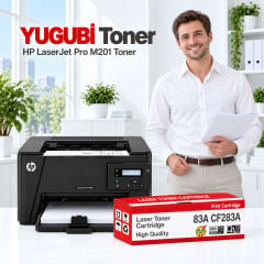 HP LaserJet Pro M201 83A CF283A muadil toner, kırmızı-beyaz kutu ve ofis kullanım sahnesi