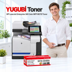 HP LaserJet Enterprise 500 Color MFP M575f 507A CE400A muadil toner, kırmızı-beyaz kutu ve ofis kullanım sahnesi