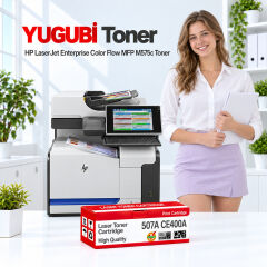 HP LaserJet Enterprise Color Flow MFP M575c 507A CE400A muadil toner, kırmızı-beyaz kutu ve ofis kullanım sahnesi