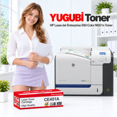 HP LaserJet Enterprise 500 Color M551n CE401A mavi muadil toner, kırmızı-beyaz kutu ve ofis kullanım sahnesi