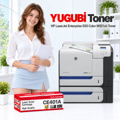 HP LaserJet Enterprise 500 Color M551xh CE401A mavi muadil toner, kırmızı-beyaz kutu ve ofis kullanım sahnesi