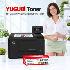 HP LaserJet Pro 200 Color M251nw 131A CF210A muadil toner, kırmızı-beyaz kutu ve ofis kullanım sahnesi