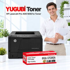 HP LaserJet Pro 400 M401a 80A CF280A muadil toner, kırmızı-beyaz kutu ve ofis kullanım sahnesi
