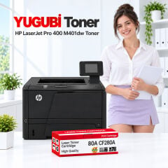 HP LaserJet Pro 400 M401dw 80A CF280A muadil toner, kırmızı-beyaz kutu ve ofis kullanım sahnesi
