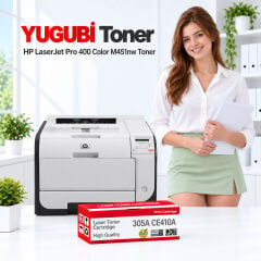 HP LaserJet Pro 400 Color M451nw 305A CE410A muadil toner, kırmızı-beyaz kutu ve ofis kullanım sahnesi