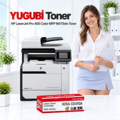 HP LaserJet Pro 400 Color MFP M475dw 305A CE410A muadil toner, kırmızı-beyaz kutu ve ofis kullanım sahnesi