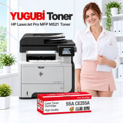 HP LaserJet Pro MFP M521 55A CE255A muadil toner, kırmızı-beyaz kutu ve ofis kullanım sahnesi