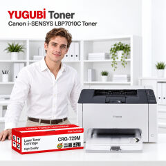 Canon i-SENSYS LBP7010C CRG-729M muadil toner, kırmızı-beyaz kutu ve ofis kullanım sahnesi