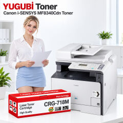 Canon i-SENSYS MF8340Cdn CRG-718M muadil toner, kırmızı-beyaz kutu ve ofis kullanım sahnesi