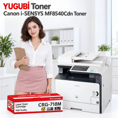 Canon i-SENSYS MF8540Cdn CRG-718M muadil toner, kırmızı-beyaz kutu ve ofis kullanım sahnesi