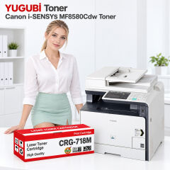 Canon i-SENSYS MF8580Cdw CRG-718M muadil toner, kırmızı-beyaz kutu ve ofis kullanım sahnesi
