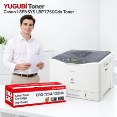 Canon i-SENSYS LBP7750Cdn CRG-723M CE253A muadil toner, kırmızı-beyaz kutu ve ofis kullanım sahnesi