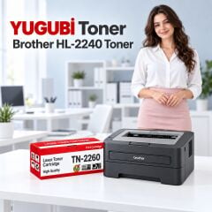 Brother HL-2240 Muadil Toner 2.6K, TN-2260 kırmızı-beyaz toner kutusu ve Brother yazıcılı beyaz modern çalışma masalı ofis sahnesi