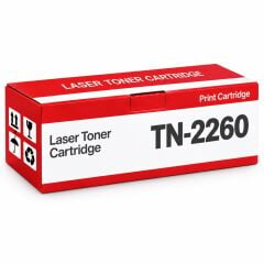 Brother HL-2270 Muadil Toner 2.6K, TN-2260 kırmızı-beyaz toner kutusu ve Brother yazıcılı beyaz modern çalışma masalı ofis sahnesi