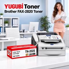 Brother FAX-2820 Muadil Toner 2.5K, TN-2025 kırmızı-beyaz toner kutusu ve Brother yazıcılı beyaz modern çalışma masalı ofis sahnesi