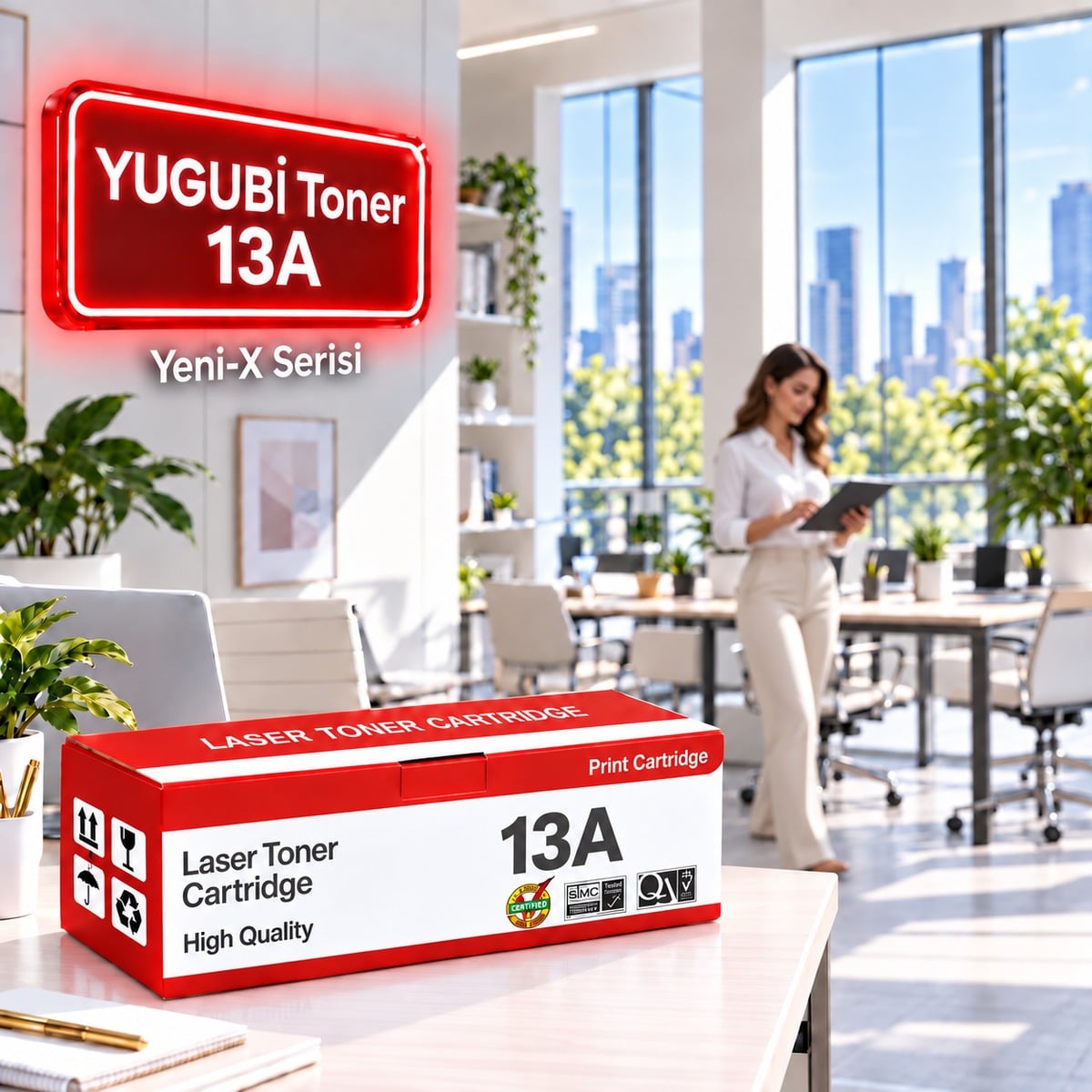 Hp 13A Q2613A Muadil Toner 2.5K, kırmızı-beyaz kutu ve neon tabelalı ofis sahnesi