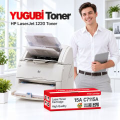 HP LaserJet 1220 15A C7115A muadil toner, kırmızı-beyaz kutu ve ofis kullanım sahnesi