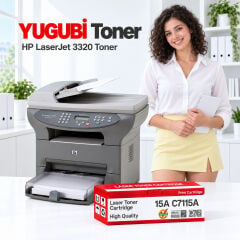 HP LaserJet 3320 15A C7115A muadil toner, kırmızı-beyaz kutu ve ofis kullanım sahnesi