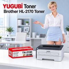 Brother HL-2170 Muadil Toner 2.6K, TN-2130 kırmızı-beyaz toner kutusu ve Brother yazıcılı beyaz modern çalışma masalı ofis sahnesi
