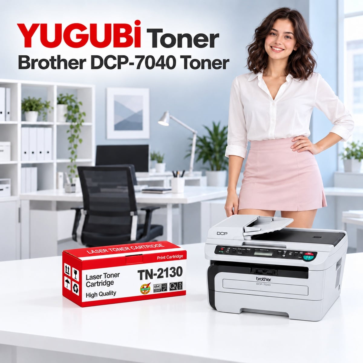 Brother DCP-7040 Muadil Toner 2.6K, TN-2130 kırmızı-beyaz toner kutusu ve Brother yazıcılı beyaz modern çalışma masalı ofis sahnesi